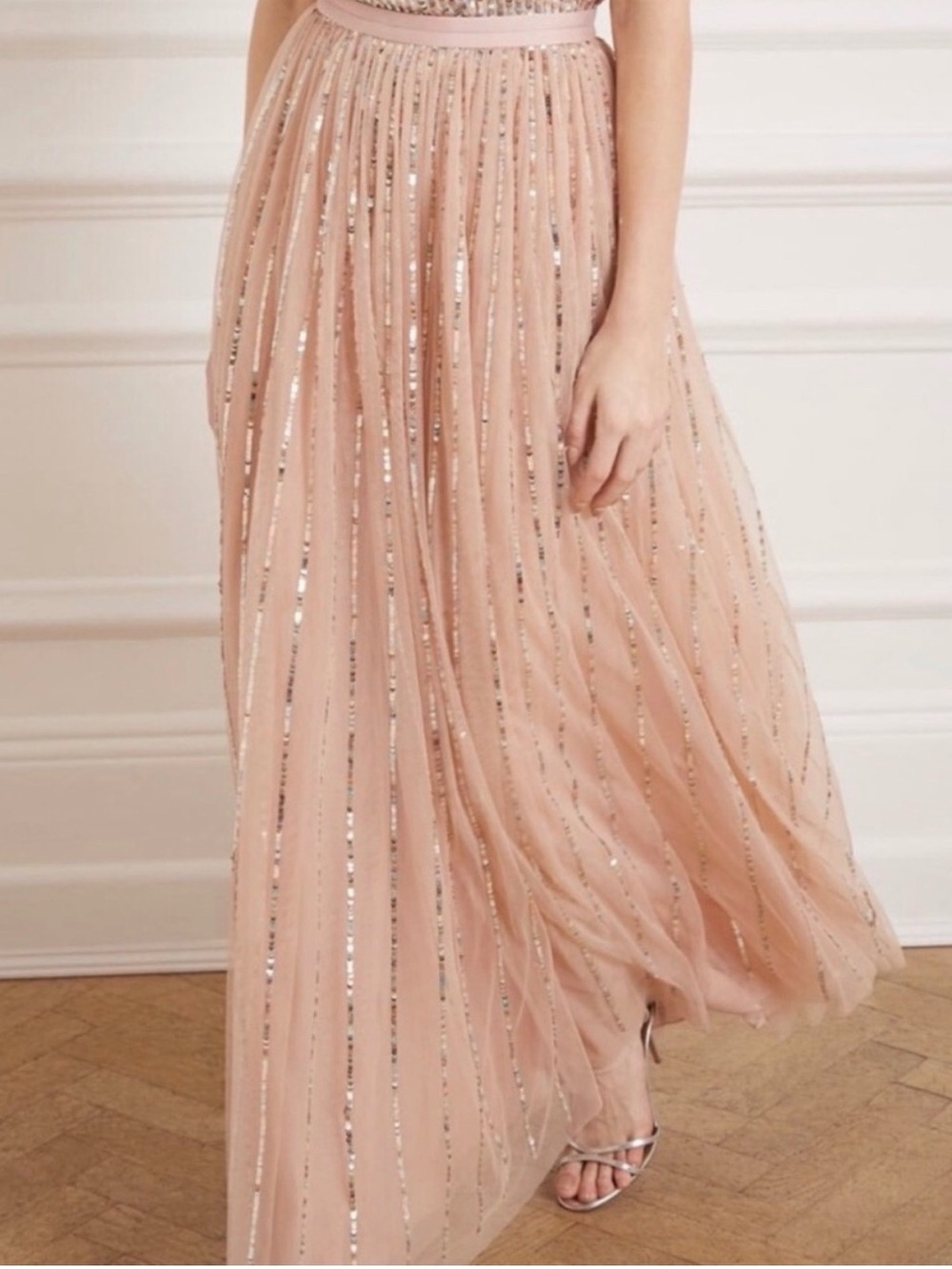Needle & Thread Blush Pink Pleated Sequin Maxi Skirt
